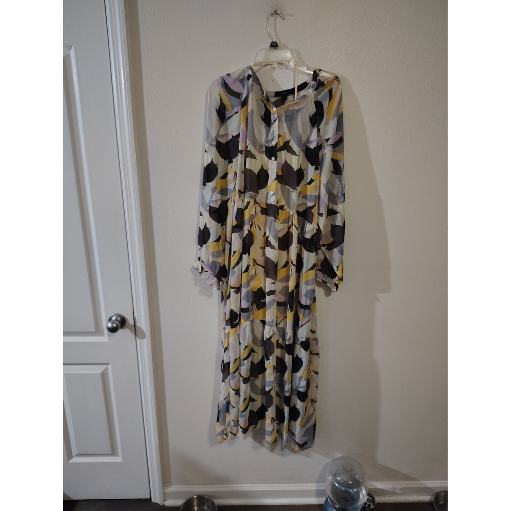 Ellos Womens Abstract Leaf Print Tiered Maxi Dress Long Sleeve Yellow Purple 20